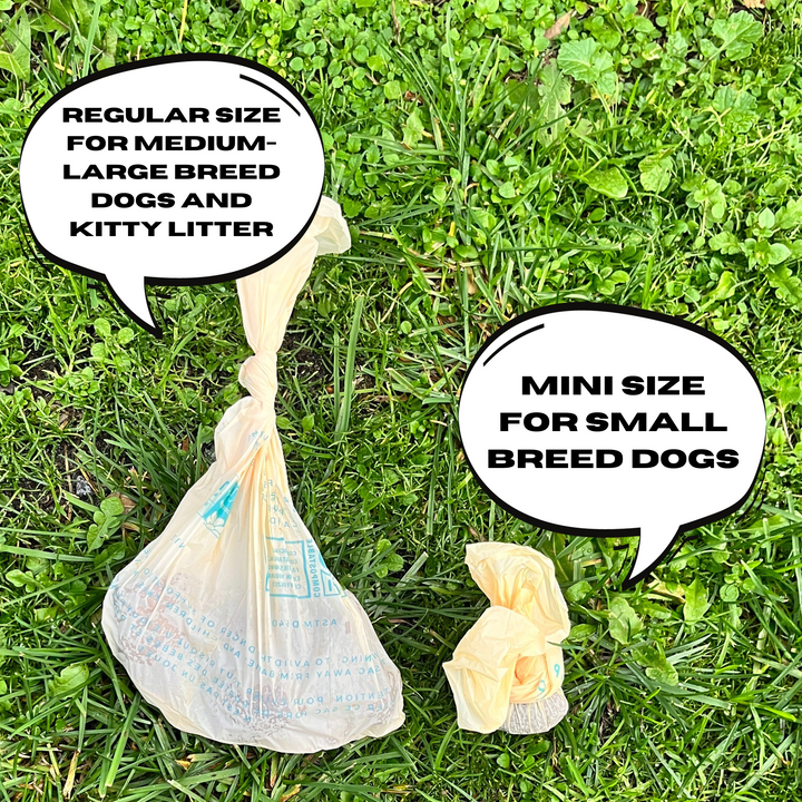 Mini sacs à déjections compostables en fécule de maïs – 192 mini sacs (8 rouleaux) – Taille du sac 23 x 21 cm