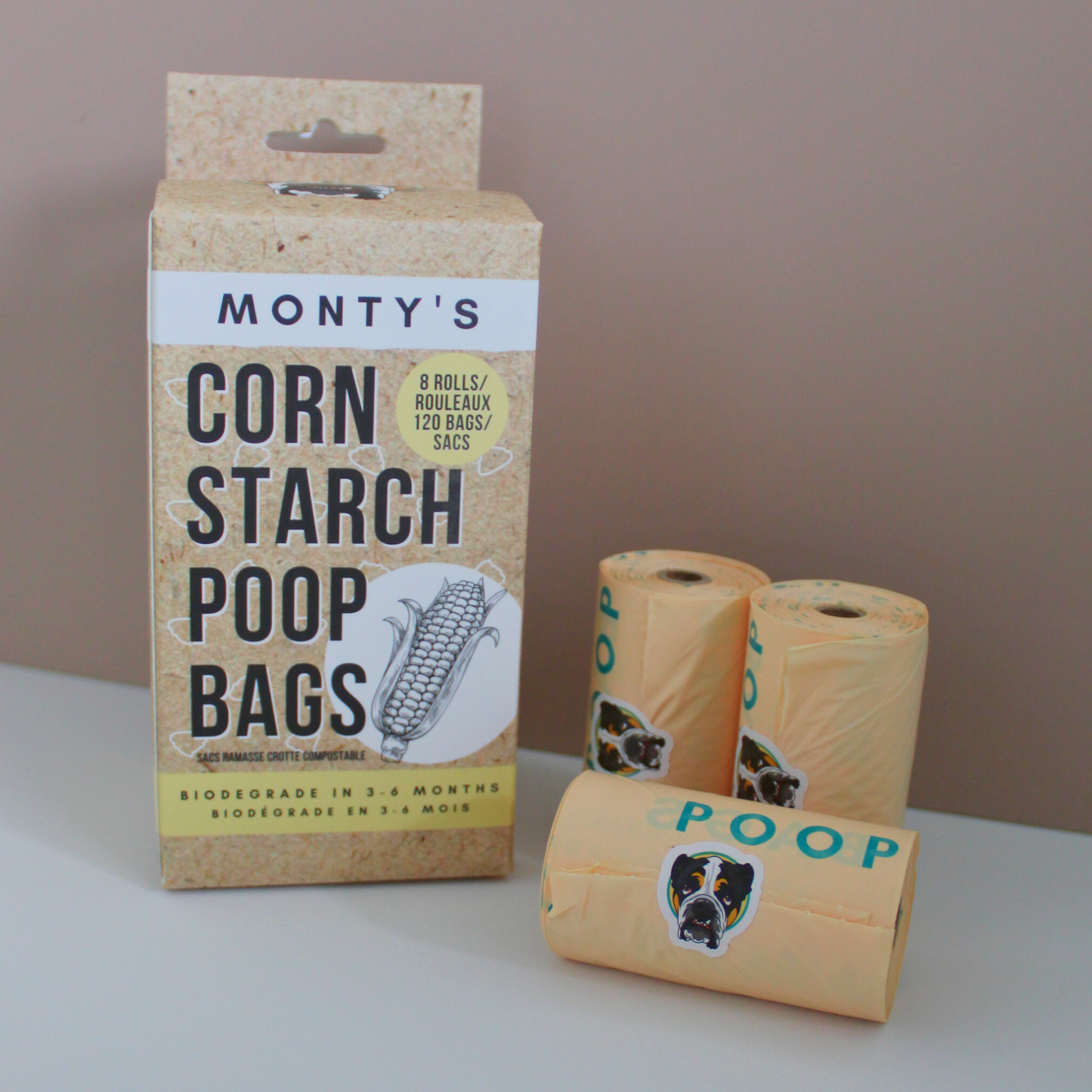 Sacs à crottes compostables en fécule de maïs – 120 sacs (boîte de 8 rouleaux) – Taille du sac 23 x 33 cm