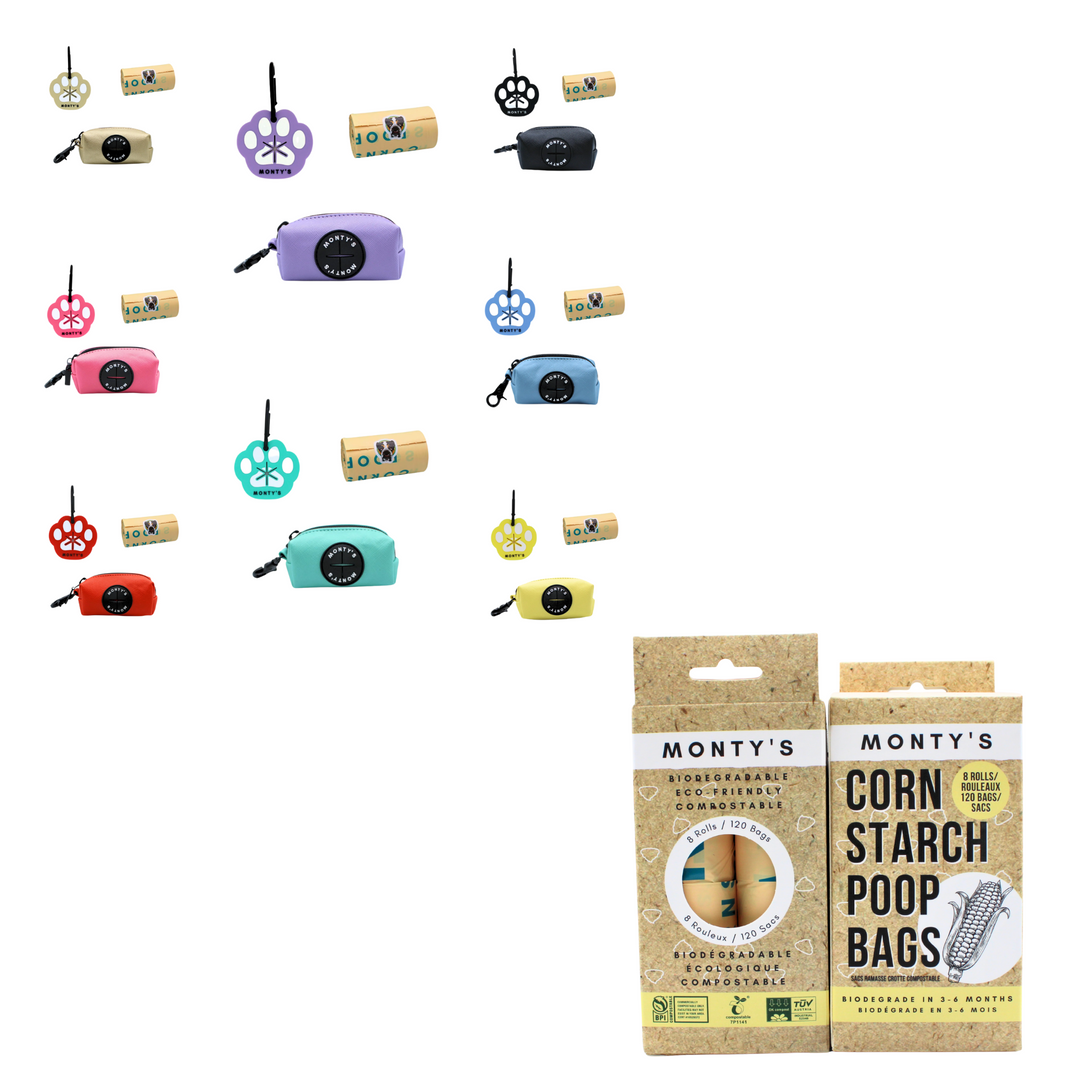 120 Cornstarch Poop Bags + Free Vegan Leather Poop Bag Dispenser and Handsfree Used Poop Bag Holder
