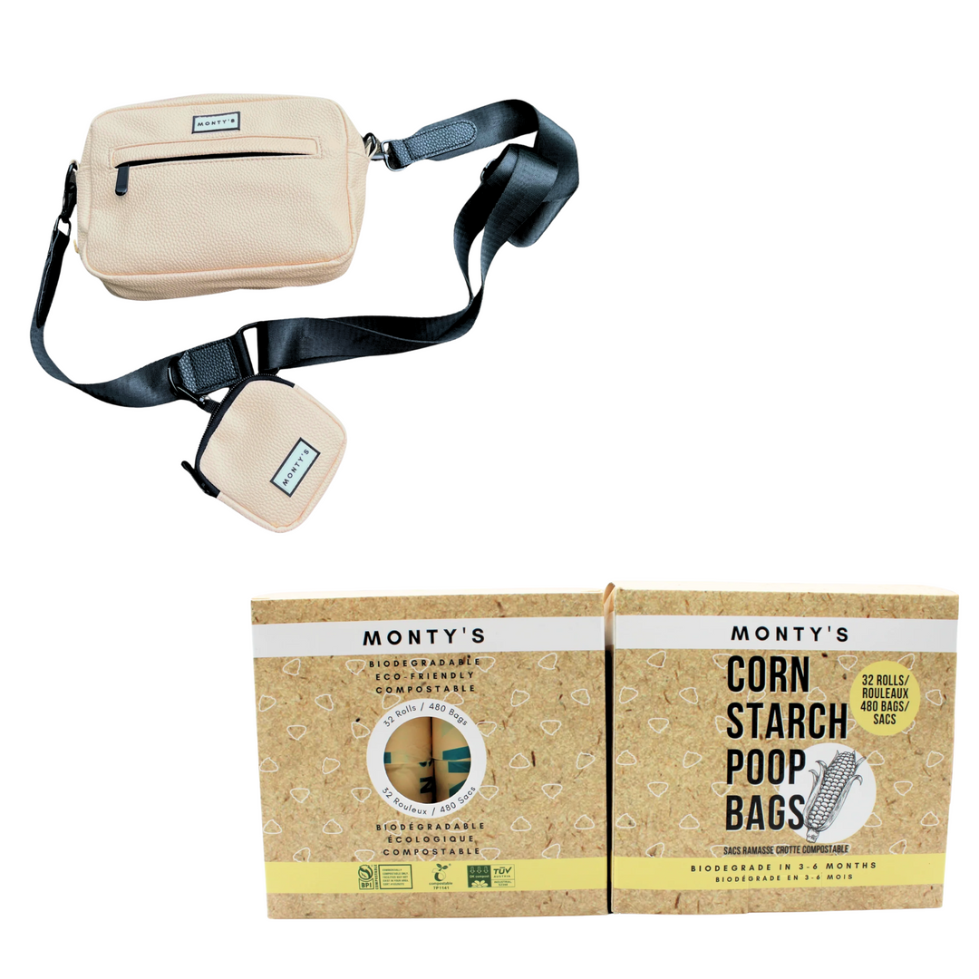 480 Compostable Cornstarch Poop Bags + Free Dog Walking Crossbody Bag with Treat Pouch and Poop Bag Dispenser
