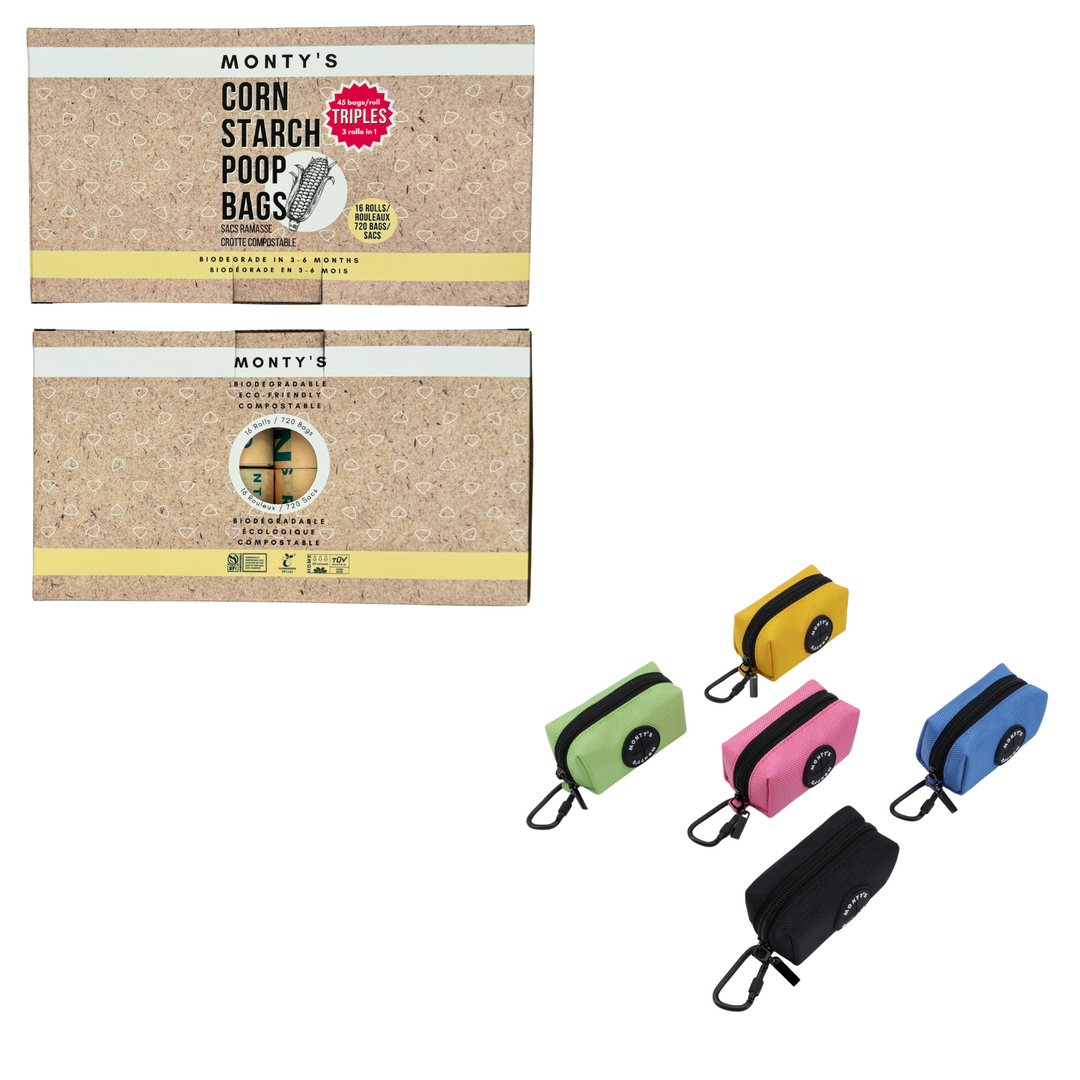 Triples (3 Rolls in 1) - 720 Cornstarch Poop Bags + Free XL Nylon Poop Bag Dispensers (45 Bags)